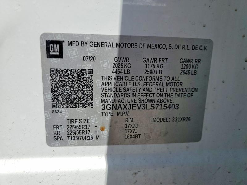 Aukcja sprzedaży 2020 Chevrolet Equinox, vin: 3GNAXJEV3LS715403, numer aukcji: 51680196