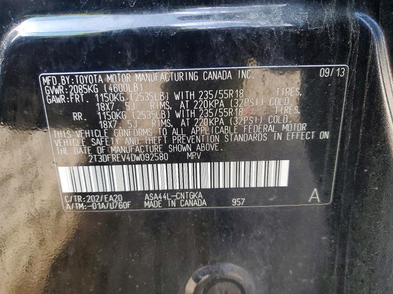 49054606 :رقم المزاد ، 2T3DFREV4DW092580 vin ، 2013 Toyota Rav4 مزاد بيع