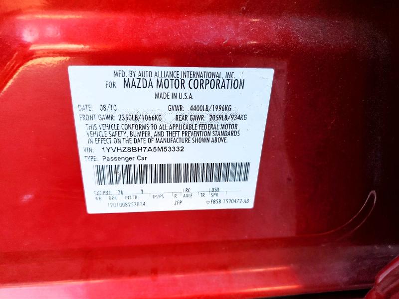 48636666 :رقم المزاد ، 1YVHZ8BH7A5M53332 vin ، 2010 Mazda 6 مزاد بيع