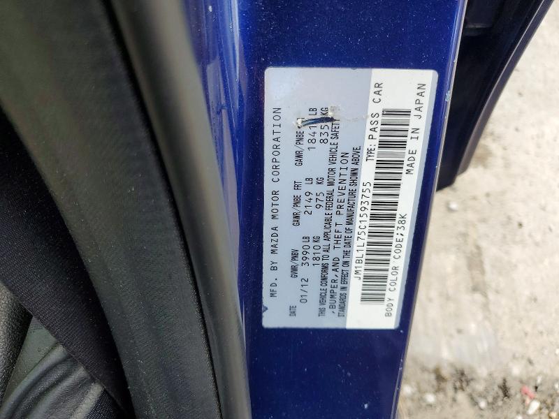 Aukcja sprzedaży 2012 Mazda 3, vin: JM1BL1L75C1593755, numer aukcji: 50761486