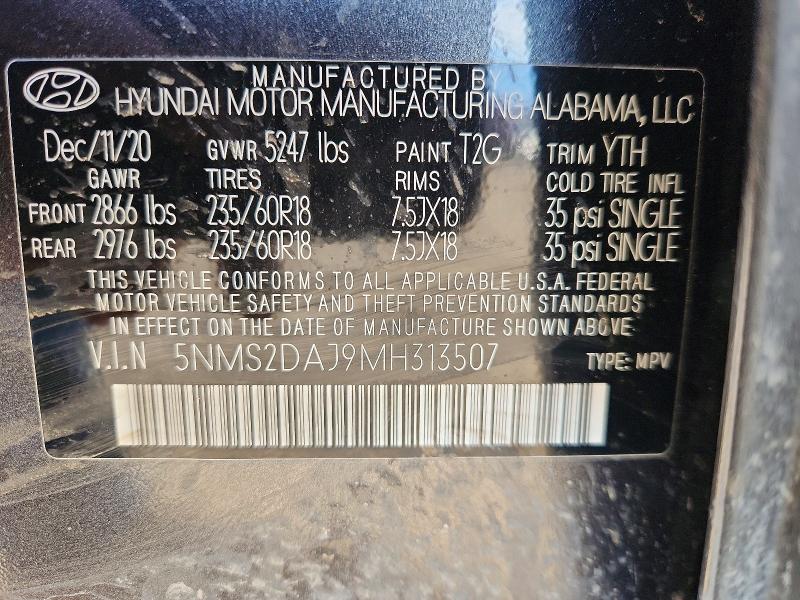 2021 Hyundai Santa Fe მანქანა იყიდება აუქციონზე, vin: 5NMS2DAJ9MH313507, აუქციონის ნომერი: 49806216