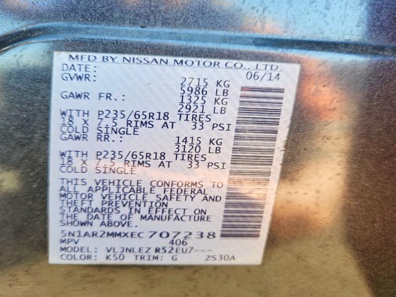 49474186 :رقم المزاد ، 5N1AR2MMXEC707238 vin ، 2014 Nissan Pathfinder مزاد بيع