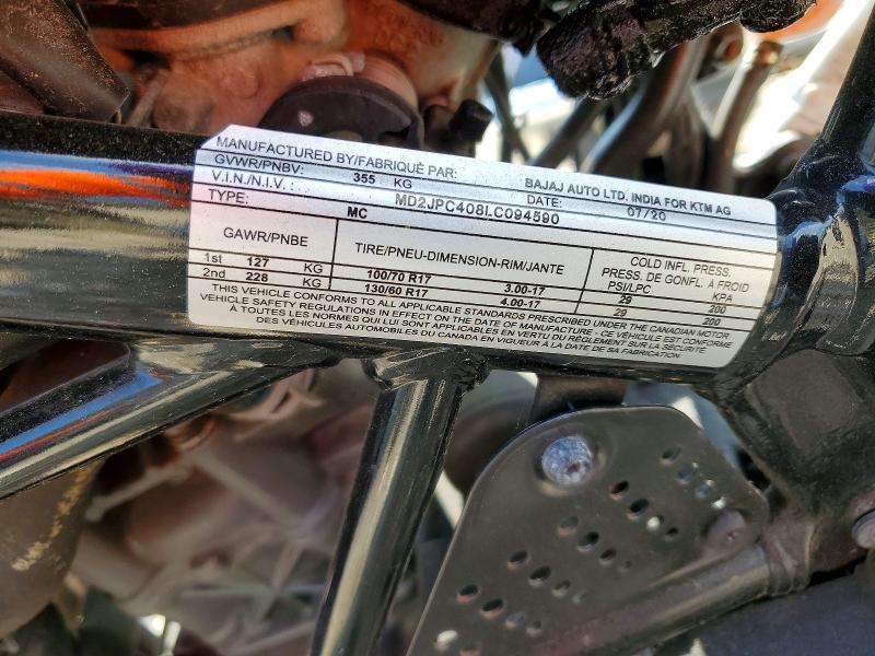 50762916 :رقم المزاد ، MD2JPC408LC094590 vin ، 2020 Ktm 200 مزاد بيع