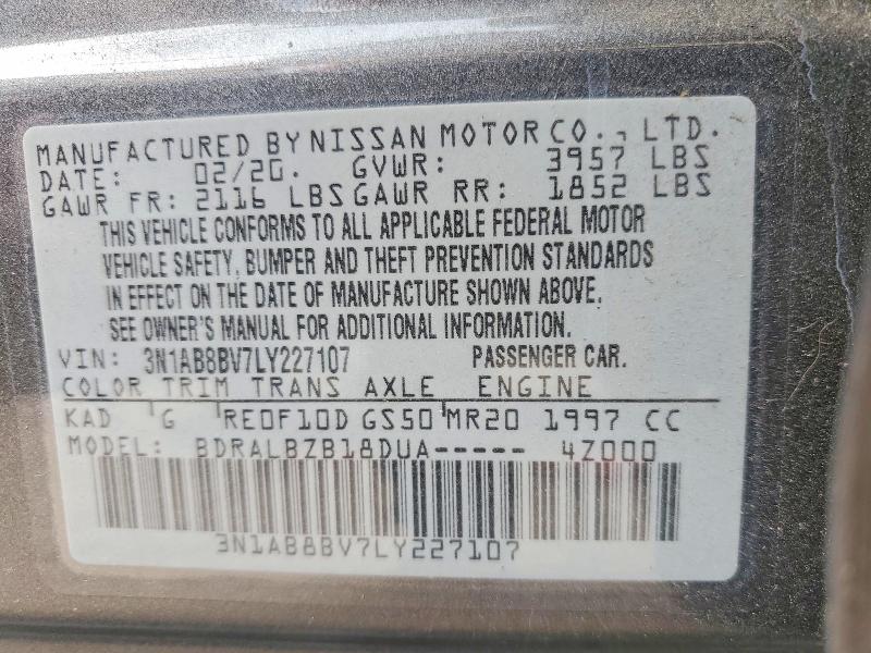2020 Nissan Sentra მანქანა იყიდება აუქციონზე, vin: 3N1AB8BV7LY227107, აუქციონის ნომერი: 49762446