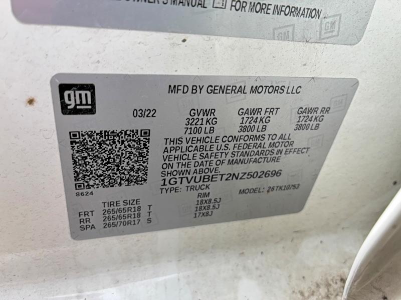 Aukcja sprzedaży 2022 Gmc Sierra, vin: 1GTVUBET2NZ502696, numer aukcji: 51893546