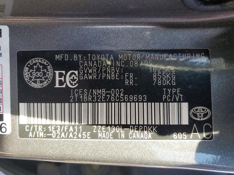 Продажа на аукционе авто 2006 Toyota Corolla, vin: 2T1BR32E76C569693, номер лота: 50724156