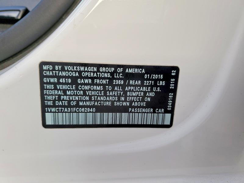 Продажа на аукционе авто 2015 Volkswagen Passat, vin: 1VWCT7A31FC062940, номер лота: 51328086
