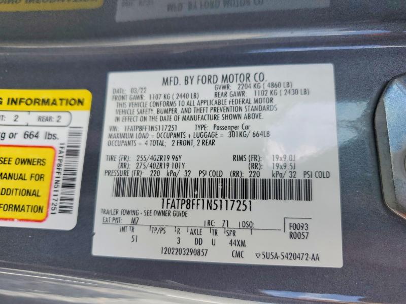 Aukcja sprzedaży 2022 Ford Mustang, vin: 1FATP8FF1N5117251, numer aukcji: 48177466