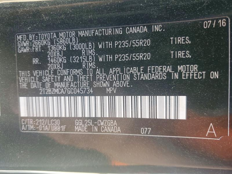 48663436 :رقم المزاد ، 2T2BZMCA7GC045734 vin ، 2016 Lexus Rx 350 مزاد بيع