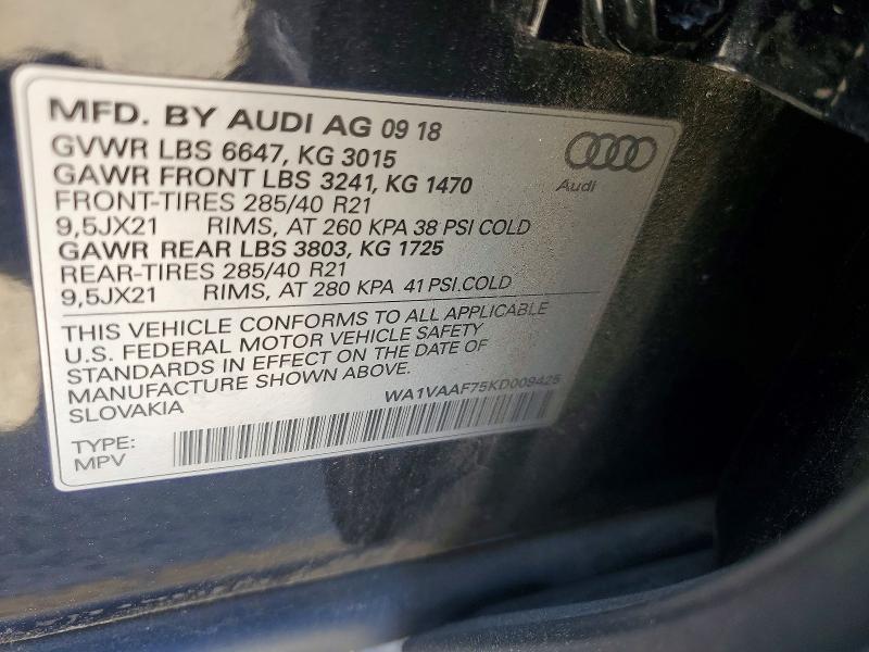 Продаж на аукціоні авто 2019 Audi Q7, vin: WA1VAAF75KD009425, номер лоту: 50507646