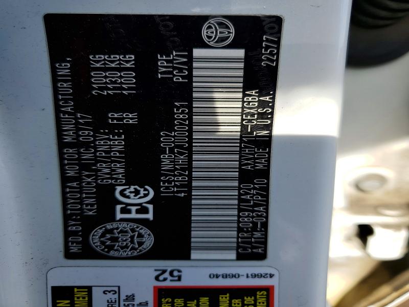 2018 Toyota Camry მანქანა იყიდება აუქციონზე, vin: 4T1B21HK7JU002851, აუქციონის ნომერი: 48670886