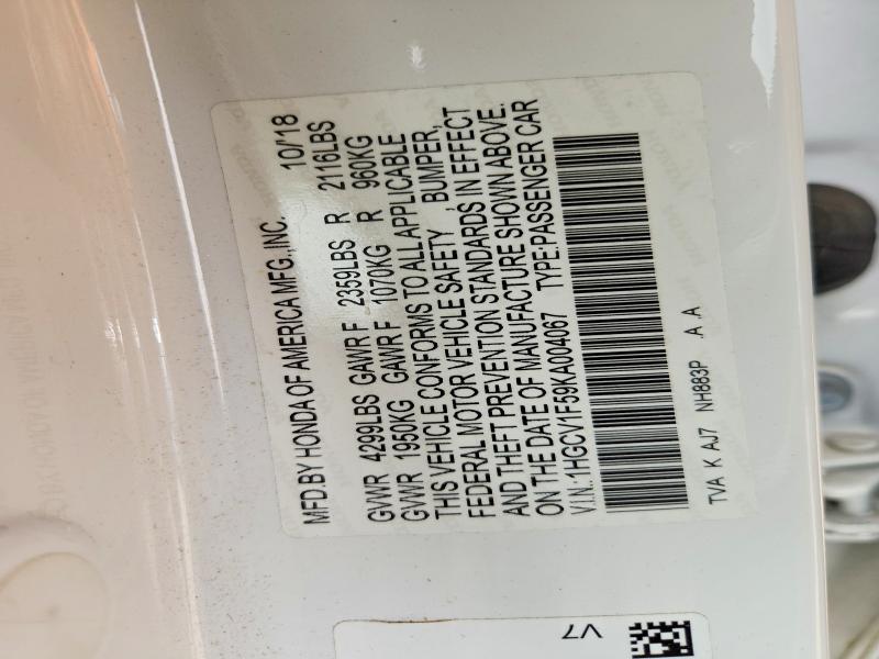 49242376 :رقم المزاد ، 1HGCV1F59KA004067 vin ، 2019 Honda Accord مزاد بيع