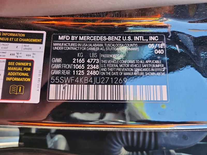 51787726 :رقم المزاد ، 55SWF4KB4JU271269 vin ، 2018 Mercedes-benz C مزاد بيع