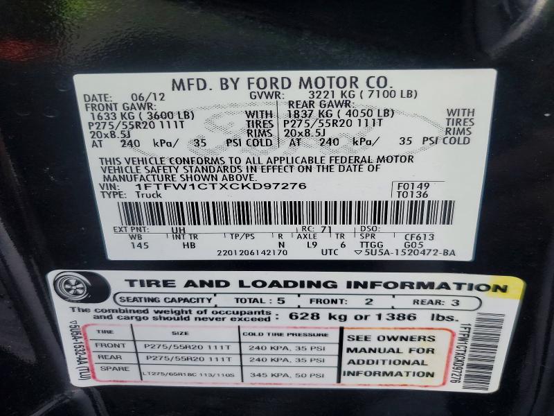 Продаж на аукціоні авто 2012 Ford F150, vin: 1FTFW1CTXCKD97276, номер лоту: 50491286