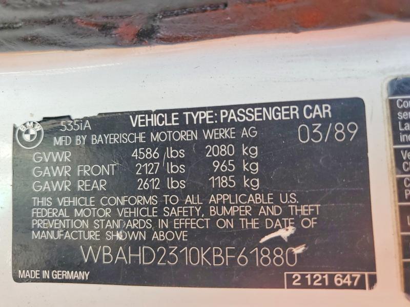 Продажа на аукционе авто 1989 Bmw 535, vin: WBAHD2310KBF61880, номер лота: 51129406