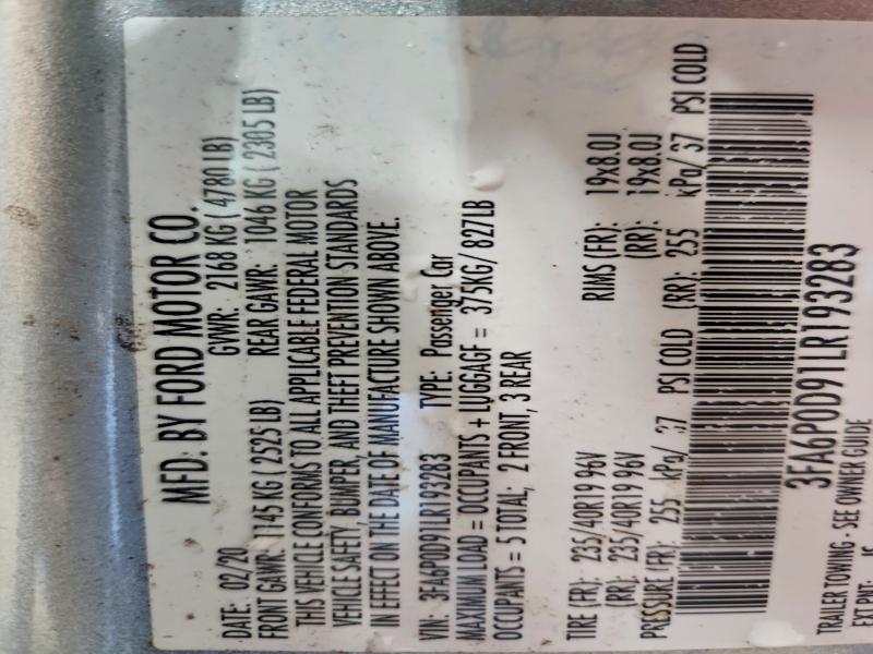 2020 Ford Fusion მანქანა იყიდება აუქციონზე, vin: 3FA6P0D91LR193283, აუქციონის ნომერი: 50952646