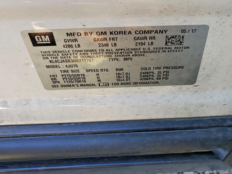 51160516 :رقم المزاد ، KL4CJASB3HB212707 vin ، 2017 Buick Encore مزاد بيع