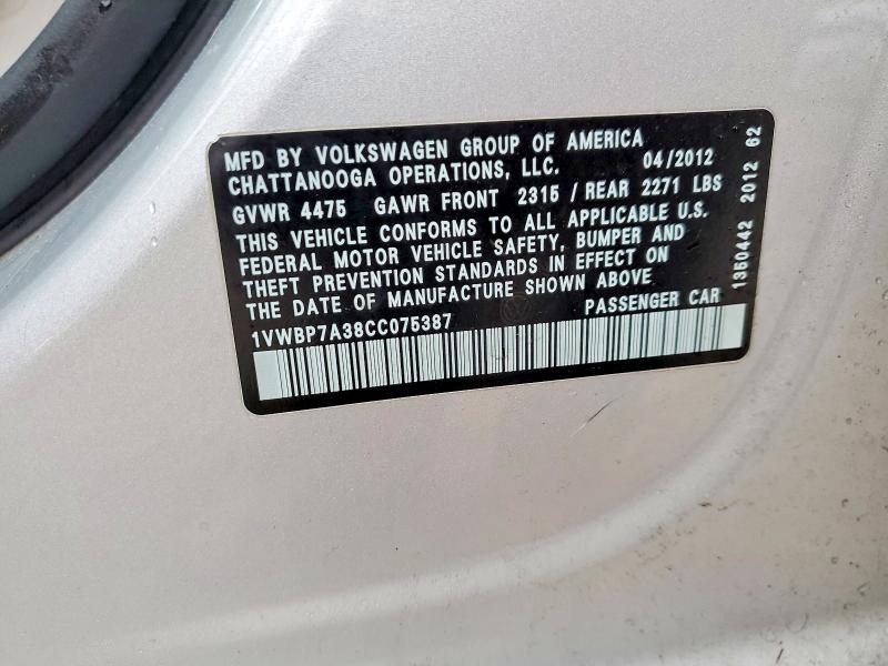 2012 Volkswagen Passat მანქანა იყიდება აუქციონზე, vin: 1VWBP7A38CC075387, აუქციონის ნომერი: 48093226