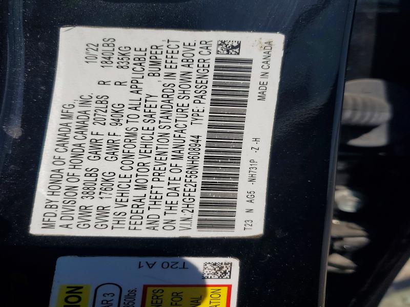 52065886 :رقم المزاد ، 2HGFE2F56NH608944 vin ، 2022 Honda Civic مزاد بيع