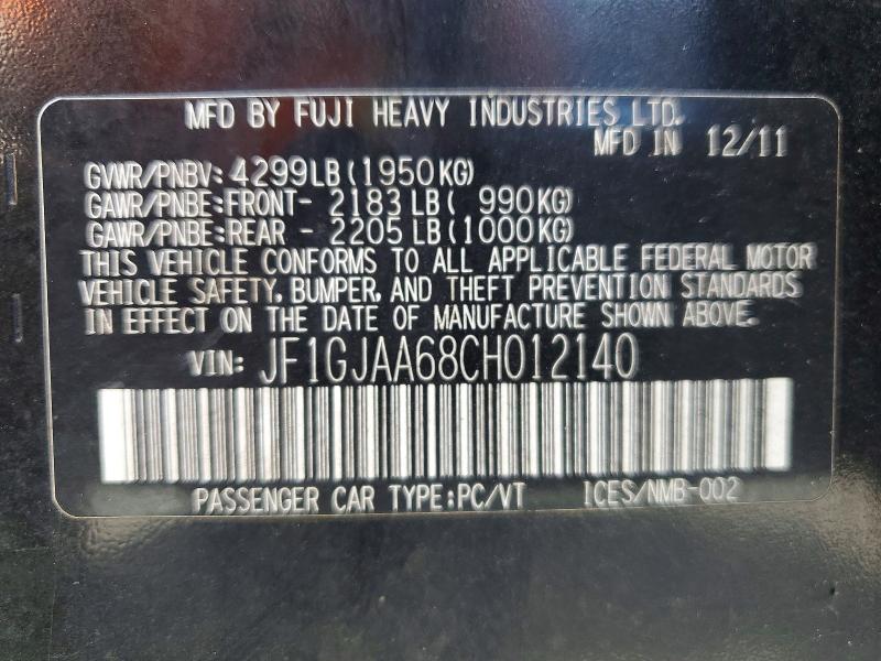 2012 Subaru Impreza მანქანა იყიდება აუქციონზე, vin: JF1GJAA68CH012140, აუქციონის ნომერი: 50684796