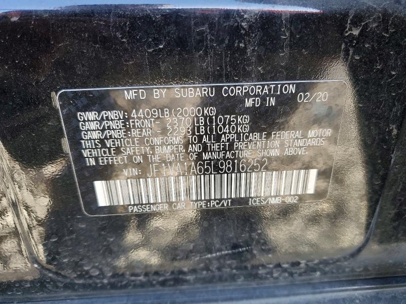 Auction sale of the 2020 Subaru Wrx, vin: JF1VA1A65L9816252, lot number: 50309656