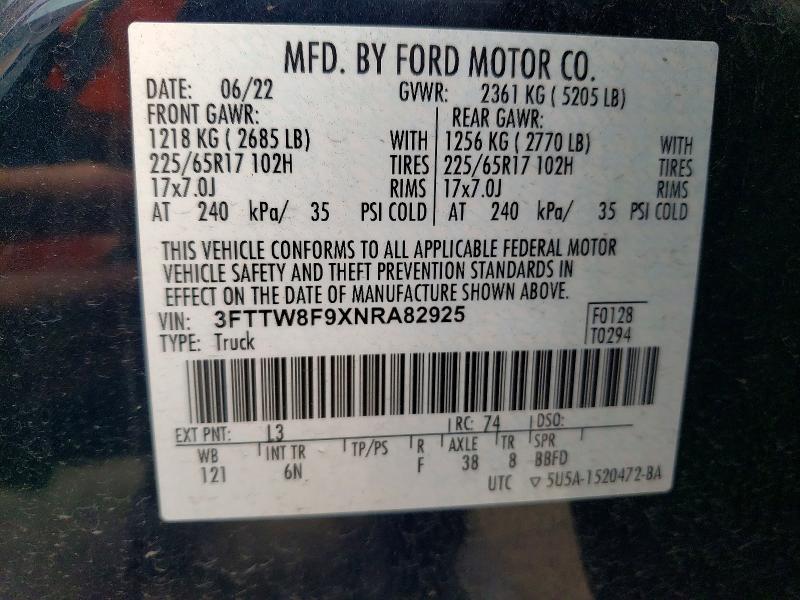 2022 Ford Maverick მანქანა იყიდება აუქციონზე, vin: 3FTTW8F9XNRA82925, აუქციონის ნომერი: 50257066