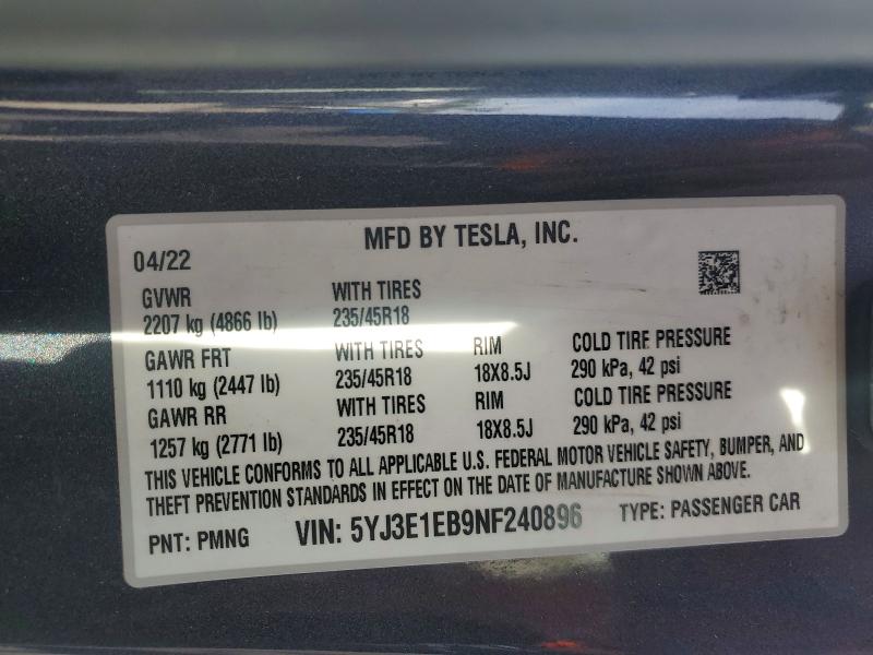 Aukcja sprzedaży 2022 Tesla Model 3, vin: 5YJ3E1EB9NF240896, numer aukcji: 50686576
