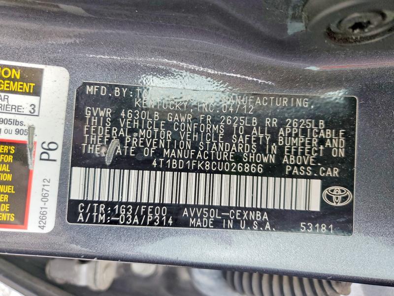 Продажа на аукционе авто 2012 Toyota Camry Hybrid, vin: 4T1BD1FK8CU026866, номер лота: 48633966