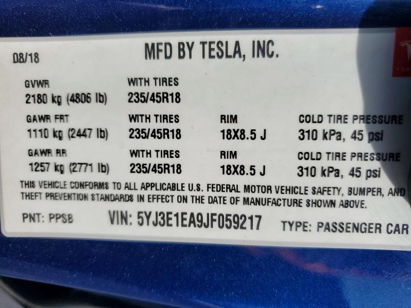 Продажа на аукционе авто 2018 Tesla Model 3, vin: 5YJ3E1EA9JF059217, номер лота: 48709386