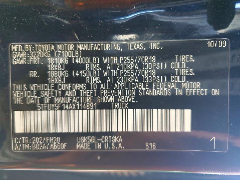 51284666 :رقم المزاد ، 5TFUY5F14AX114891 vin ، 2010 Toyota Tundra مزاد بيع