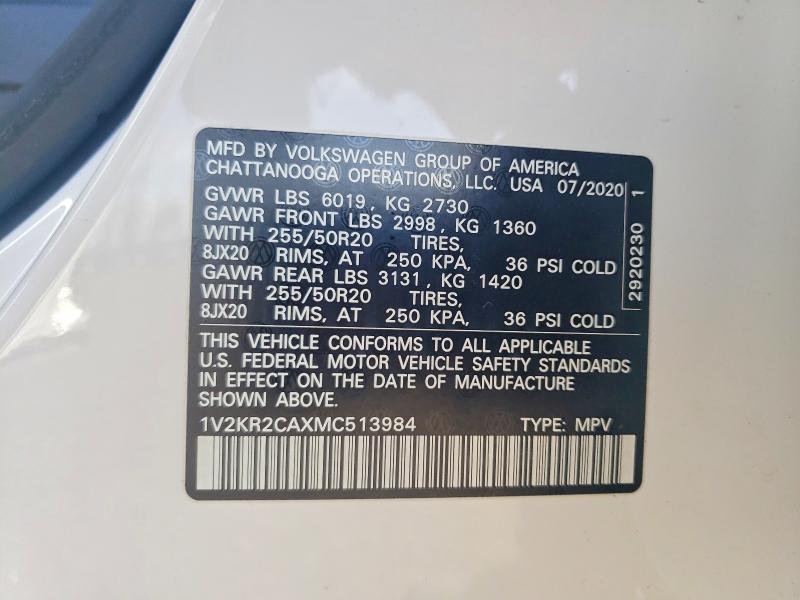 49891636 :رقم المزاد ، 1V2KR2CAXMC513984 vin ، 2021 Volkswagen Atlas مزاد بيع