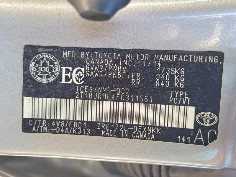 2015 Toyota Corolla მანქანა იყიდება აუქციონზე, vin: 2T1BURHE4FC311561, აუქციონის ნომერი: 50850096
