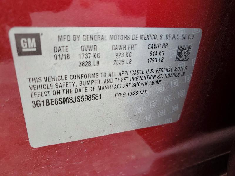 2018 Chevrolet Cruze მანქანა იყიდება აუქციონზე, vin: 3G1BE6SM8JS598581, აუქციონის ნომერი: 51370096