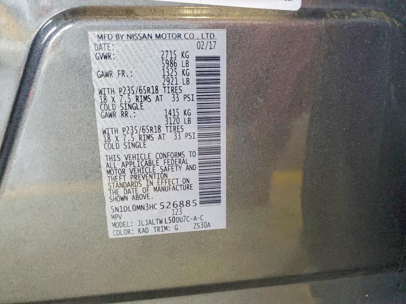 50665396 :رقم المزاد ، 5N1DL0MN3HC526885 vin ، 2017 Infiniti Qx60 مزاد بيع