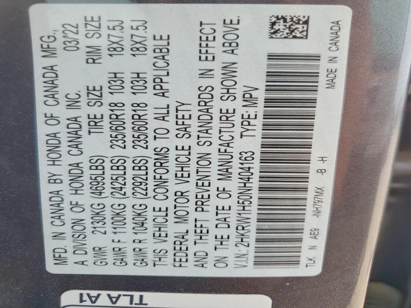 51121226 :رقم المزاد ، 2HKRW1H50NH404163 vin ، 2022 Honda Cr-v مزاد بيع