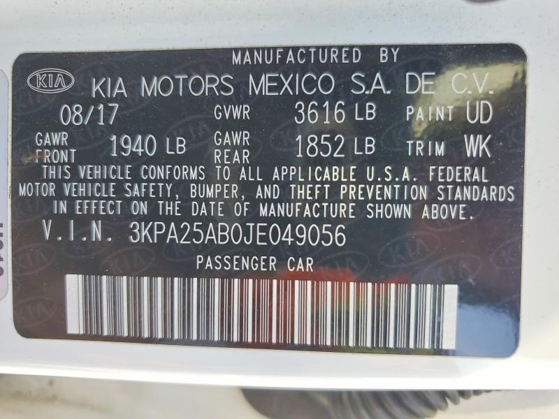 2018 Kia Rio 5-door მანქანა იყიდება აუქციონზე, vin: 3KPA25AB0JE049056, აუქციონის ნომერი: 49011056