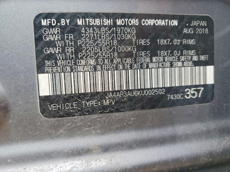 50503456 :رقم المزاد ، JA4AR3AU6KU002502 vin ، 2019 Mitsubishi Outlander Sport مزاد بيع
