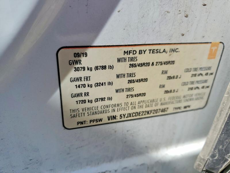 2019 Tesla Model X მანქანა იყიდება აუქციონზე, vin: 5YJXCDE22KF207467, აუქციონის ნომერი: 48225636