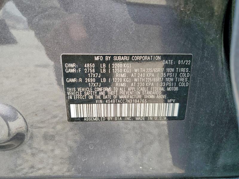 Продажа на аукционе авто 2022 Subaru Outback, vin: 4S4BTACC7N3194765, номер лота: 51484796