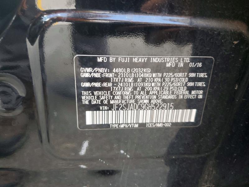 50001016 :رقم المزاد ، JF2SJADC9GH522915 vin ، 2016 Subaru Forester مزاد بيع