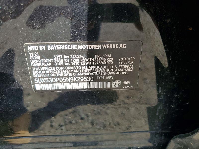 2022 Bmw X3 მანქანა იყიდება აუქციონზე, vin: 5UX53DP05N9K29530, აუქციონის ნომერი: 45931026