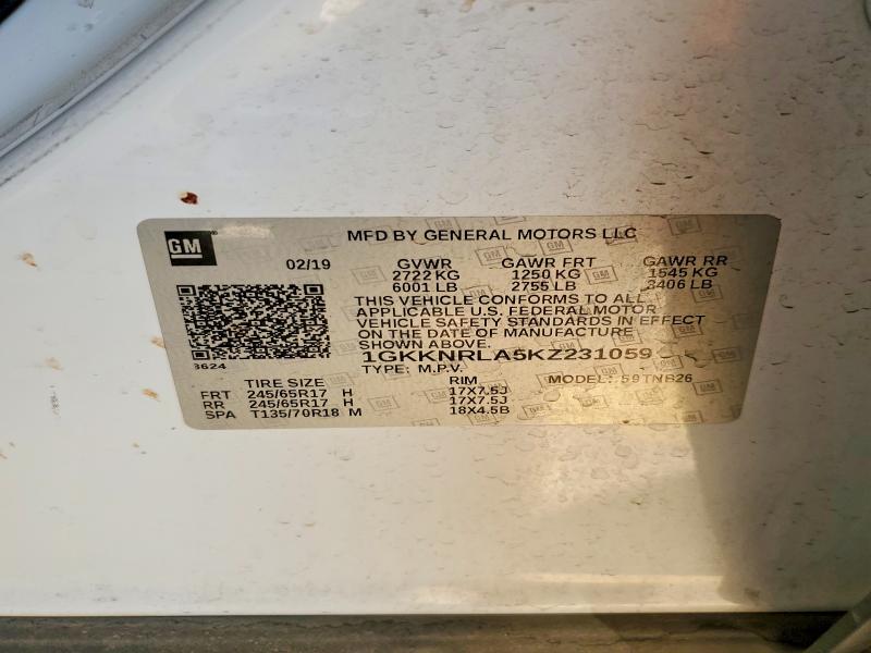 48428176 :رقم المزاد ، 1GKKNRLA5KZ231059 vin ، 2019 Gmc Acadia مزاد بيع