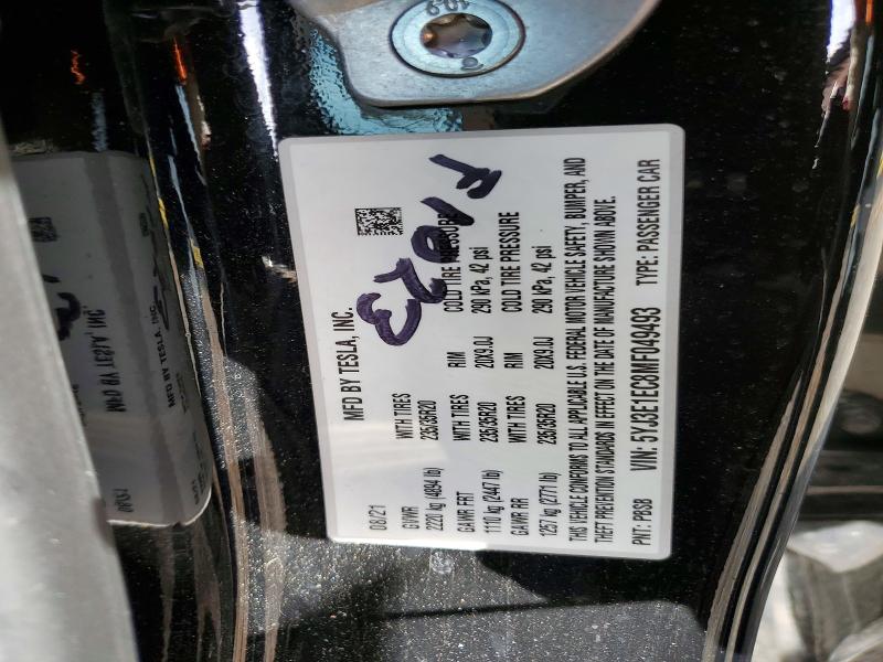 49316766 :رقم المزاد ، 5YJ3E1EC8MF049493 vin ، 2021 Tesla Model 3 مزاد بيع