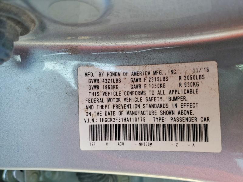 2017 Honda Accord მანქანა იყიდება აუქციონზე, vin: 1HGCR2F51HA110175, აუქციონის ნომერი: 50934456