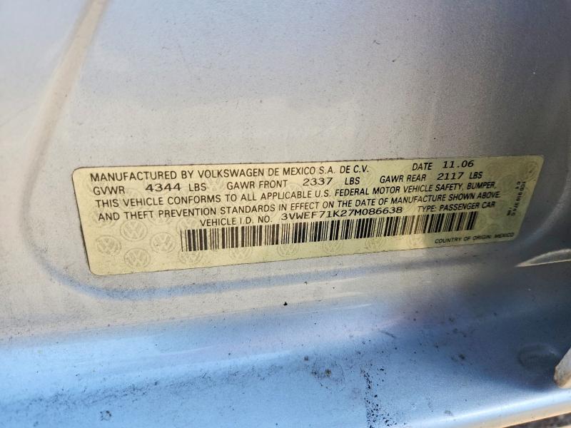 2007 Volkswagen Jetta მანქანა იყიდება აუქციონზე, vin: 3VWEF71K27M086638, აუქციონის ნომერი: 50128376