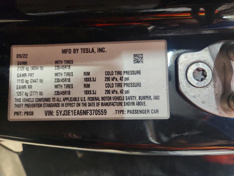 Aukcja sprzedaży 2022 Tesla Model 3, vin: 5YJ3E1EA6NF370559, numer aukcji: 49658726