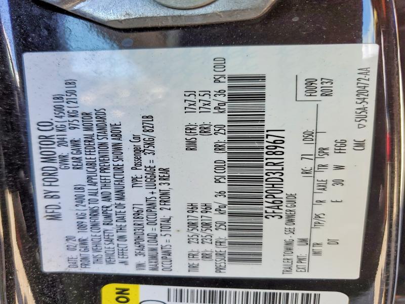 Продаж на аукціоні авто 2020 Ford Fusion, vin: 3FA6P0HD3LR189671, номер лоту: 49015666
