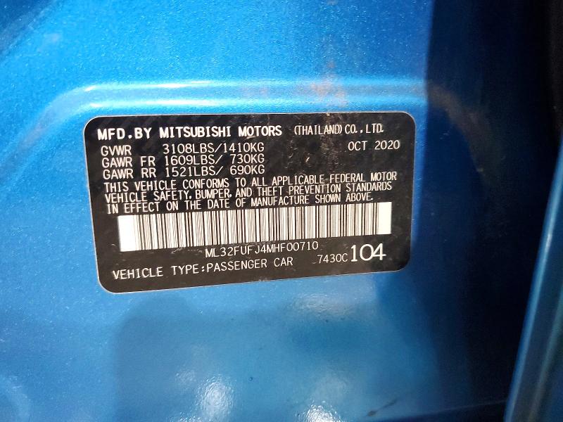 50344406 :رقم المزاد ، ML32FUFJ4MHF00710 vin ، 2021 Mitsubishi Mirage مزاد بيع