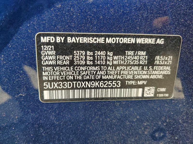 2022 Bmw X4 მანქანა იყიდება აუქციონზე, vin: 5UX33DT0XN9K62553, აუქციონის ნომერი: 48036286