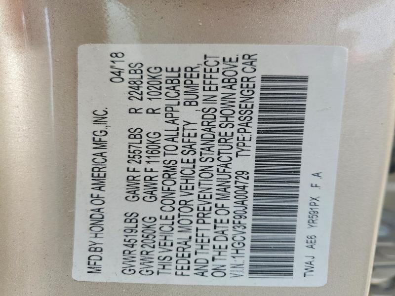 51276446 :رقم المزاد ، 1HGCV3F90JA004729 vin ، 2018 Honda Accord مزاد بيع